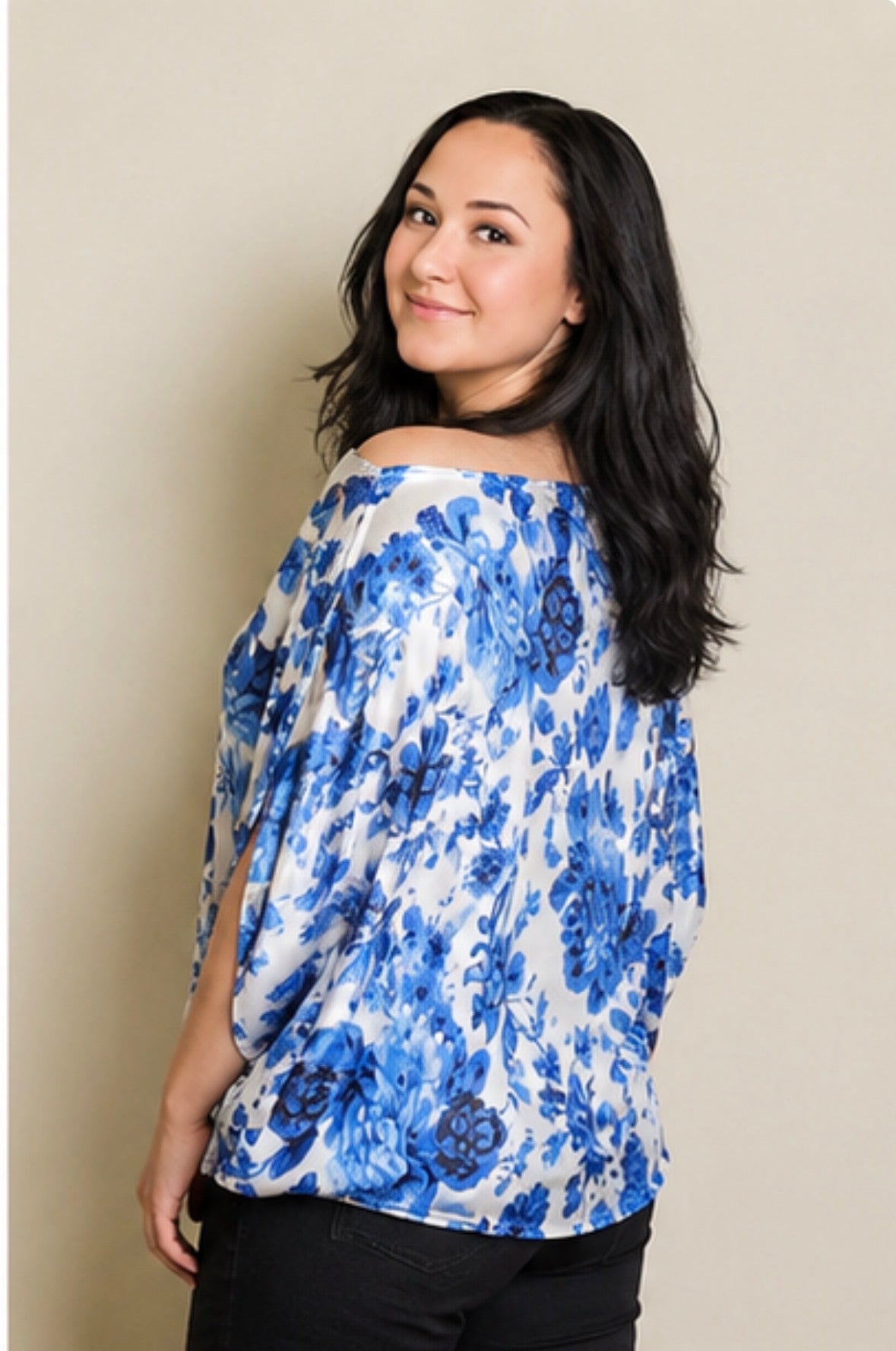 Beautiful Summery Floral Off Shoulder Top Blue Sateen