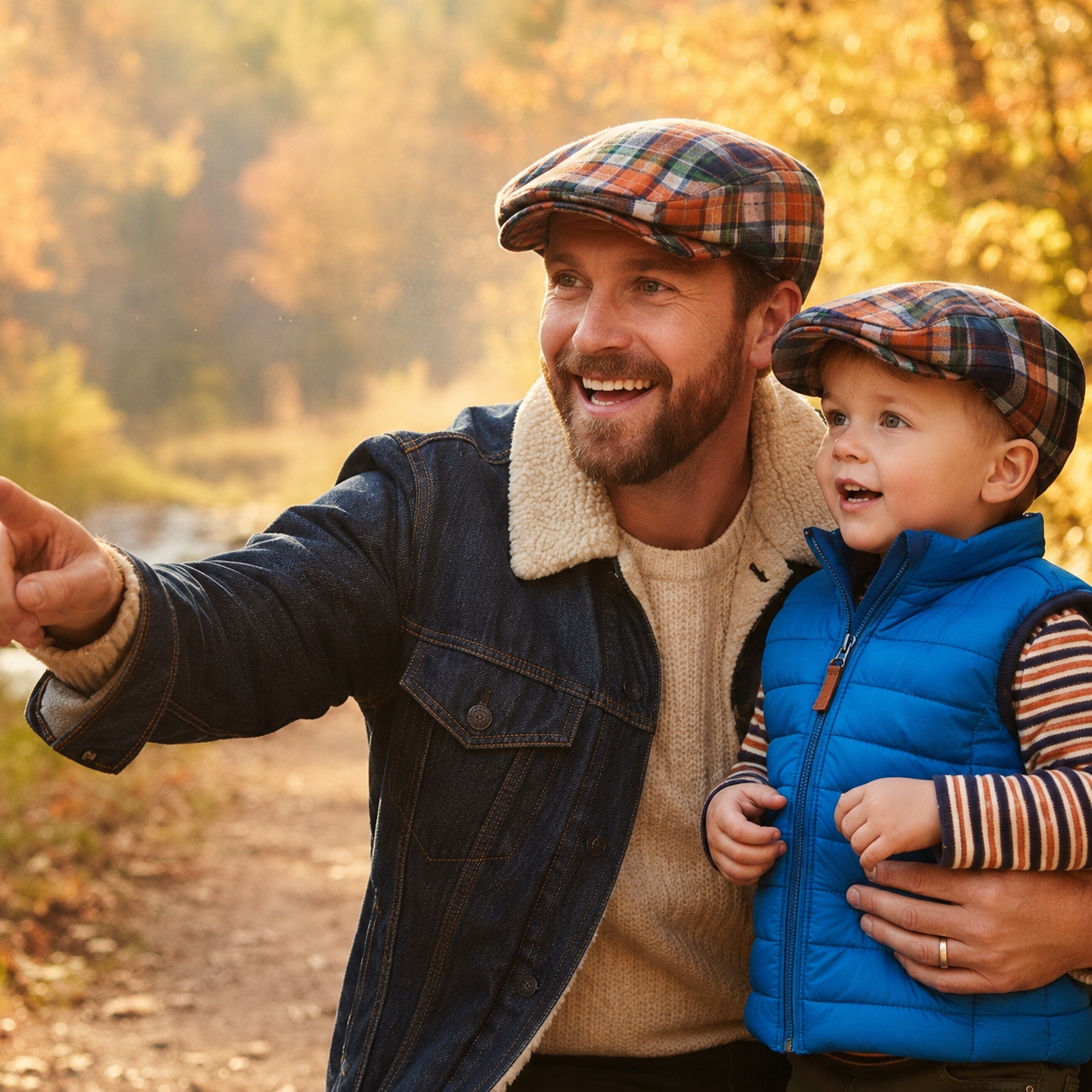 Family Matching Plaid Flat Caps – 100% Cotton Flannel Hats for Men, Boys & Toddlers in Orange and Navy