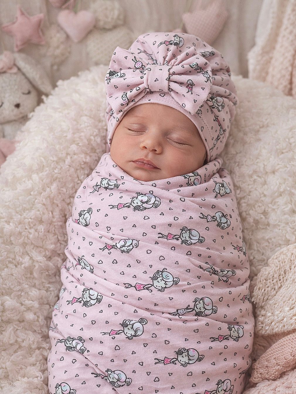 Heart Pink Baby Swaddle Blanket with matching bow turban hat