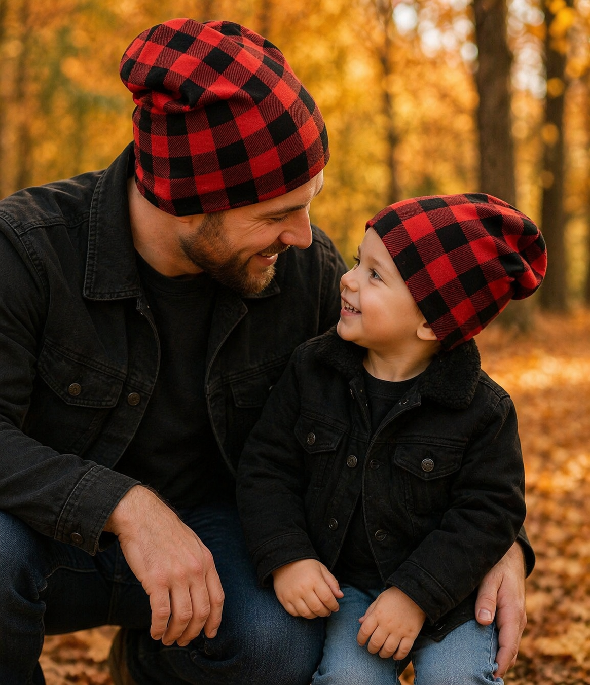 Reversible Red Buffalo Plaid Beanie | Black Slouchy Hat | Unisex Baby Toddler Kids & Adults