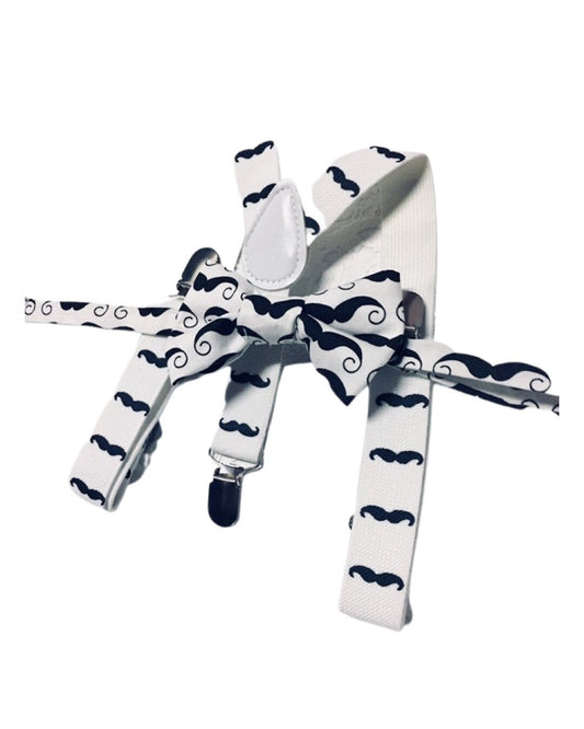 Boys Mustache Bow tie and Suspenders, Baby Moustache Bow tie, Moustache Party, white suspenders, Boys Photo prop, boys birthday outfit