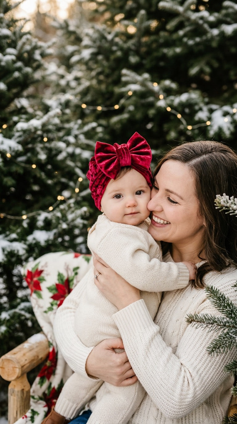Velvet Baby Turban Hat with Big Bow | Christmas Headwrap for Newborn, Infant & Toddler Girls