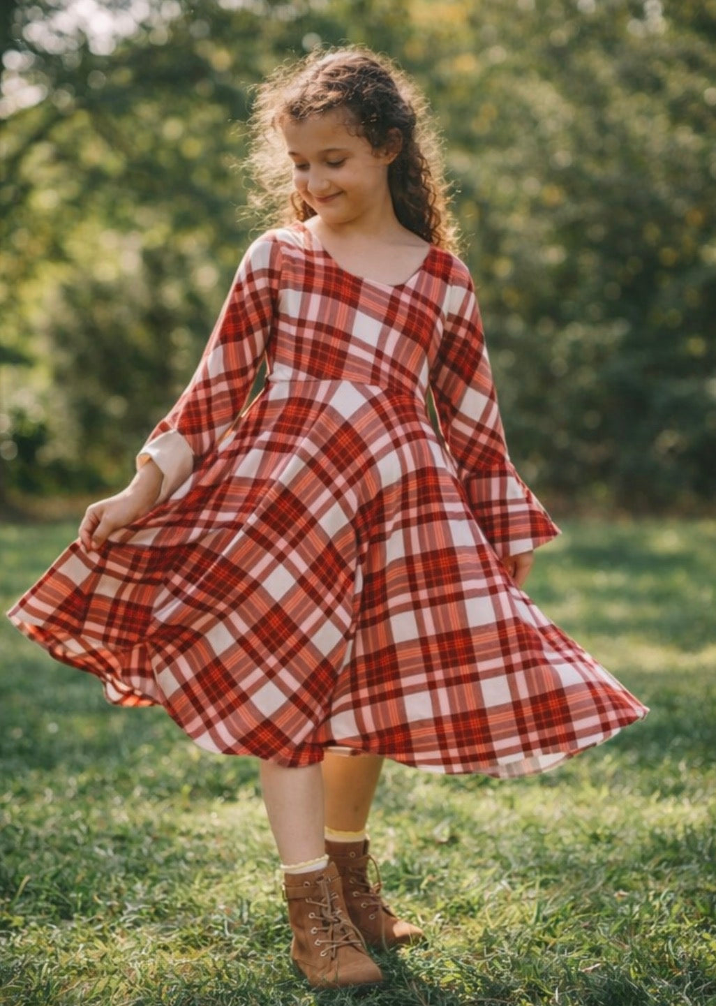 Girls Burnt Orange and Boho Floral Twirl Dress, Fall Family Photos Dress For Girls, Modern Twirly Dress, Unique Girls Dresses, Toddler Dress