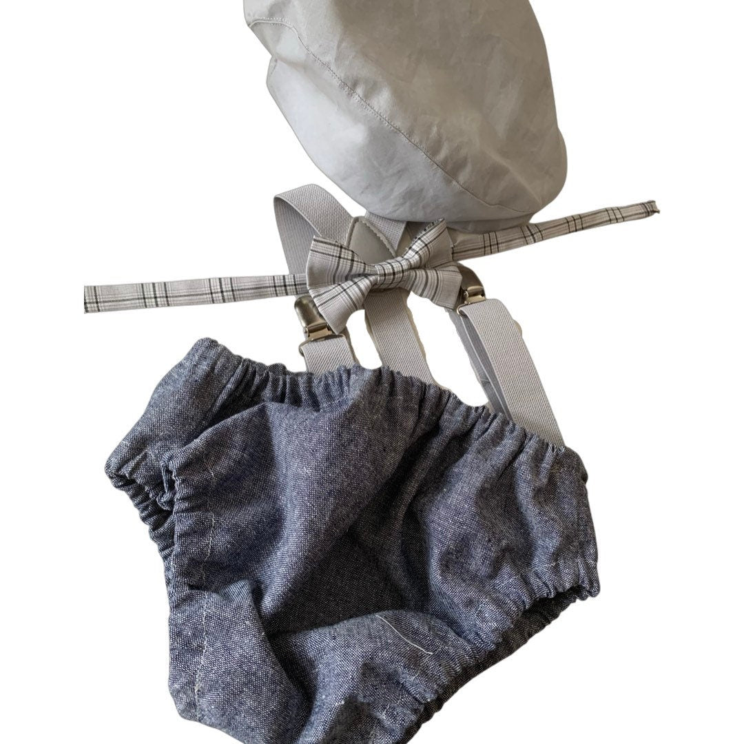 Light denim sitter set - baby boy photo prop - baby clothes - vintage style - flat cap - cake smash outfit