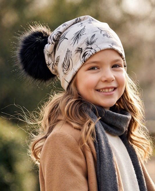 Floral Pom Pom Baby Hat – Soft Slouchy Beanie with Black Fur Pom, Toddler Girl Winter Hat