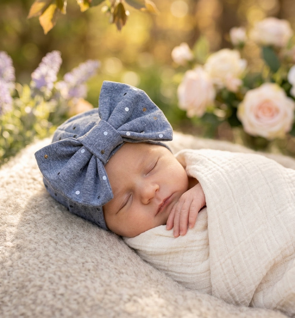 Grey Sparkle Baby Turban Hat with Bow – Newborn Girl Headwrap, Soft Stretch Infant Beanie, Baby Shower Gift