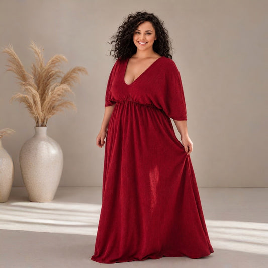 Empire Waist Dress | v neck goddess Dress in Red | crinkle knit | Ankle length flowing dress | boho summer valentine dress
