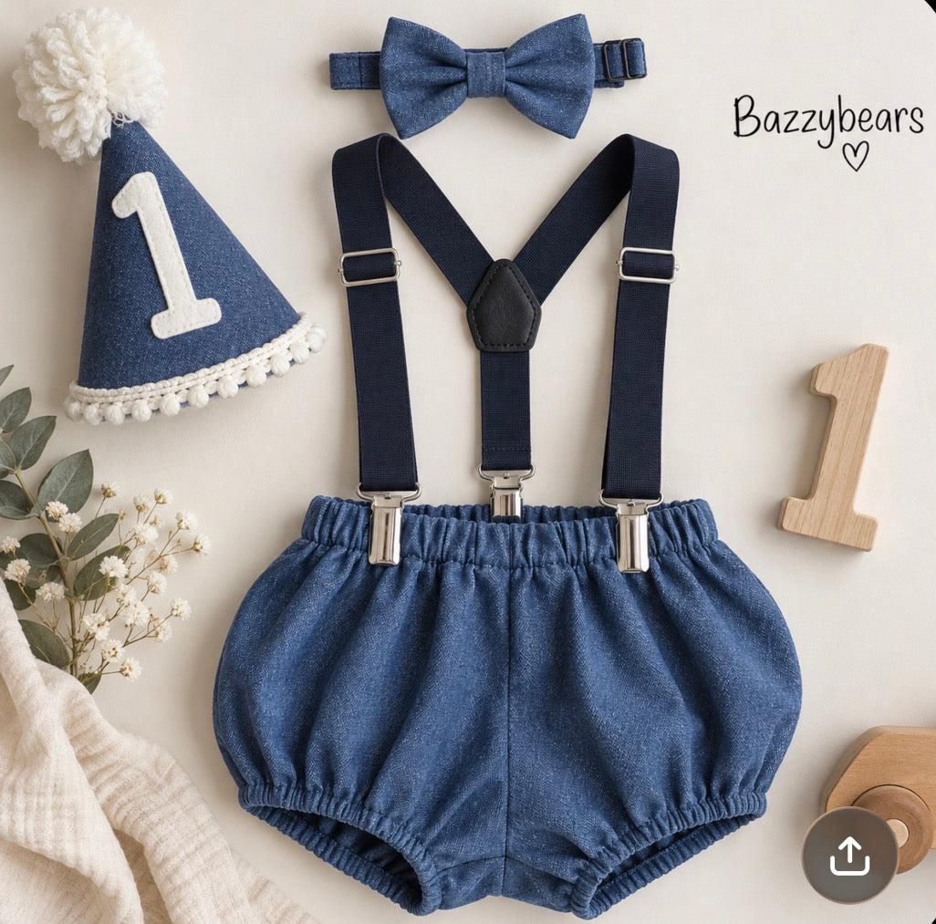 Light denim sitter set - baby boy photo prop - baby clothes - vintage style - first birthday party hat - cake smash outfit