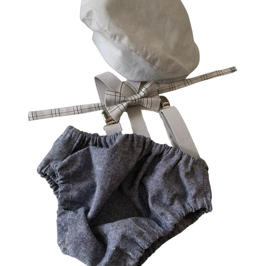 Light denim sitter set - baby boy photo prop - baby clothes - vintage style - flat cap - cake smash outfit