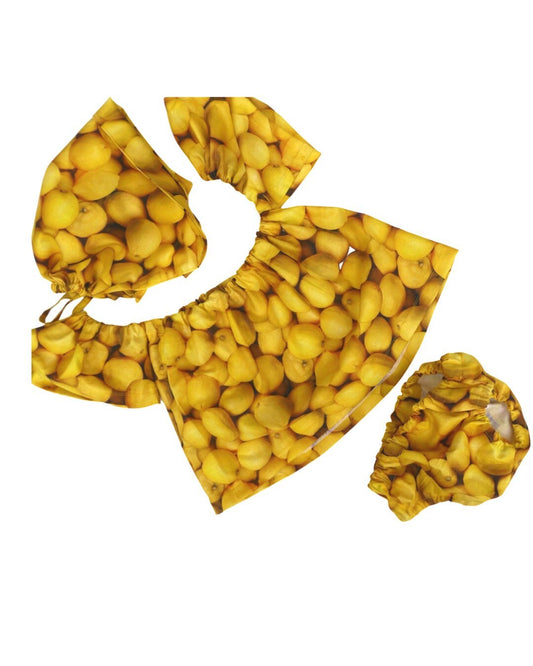 Fruity baby girl summer beach outfit with a Lemon Sun Hat, off shoulder top and bloomers set