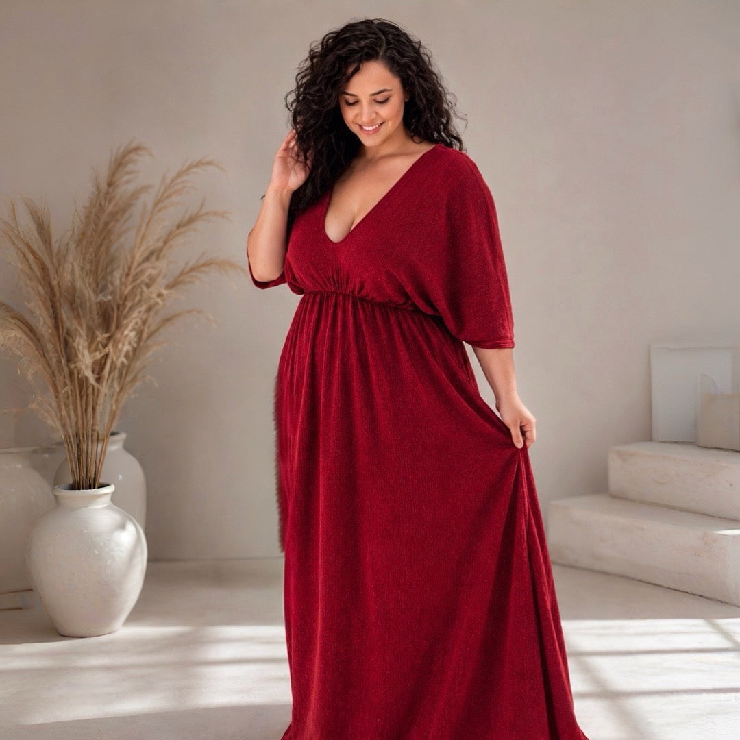 Empire Waist Dress | v neck goddess Dress in Red | crinkle knit | Ankle length flowing dress | boho summer valentine dress