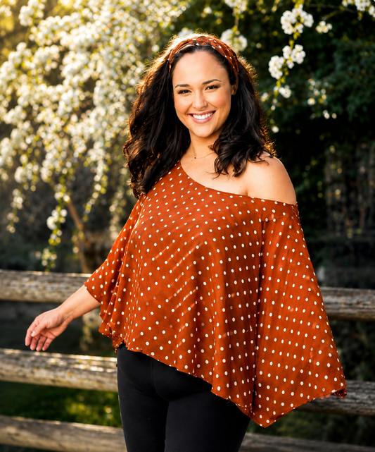 Vintage 80s chiffon brown and white polka dot semi sheer off shoulder slouchy top bat wing plus sizes comfort top summer top spring top