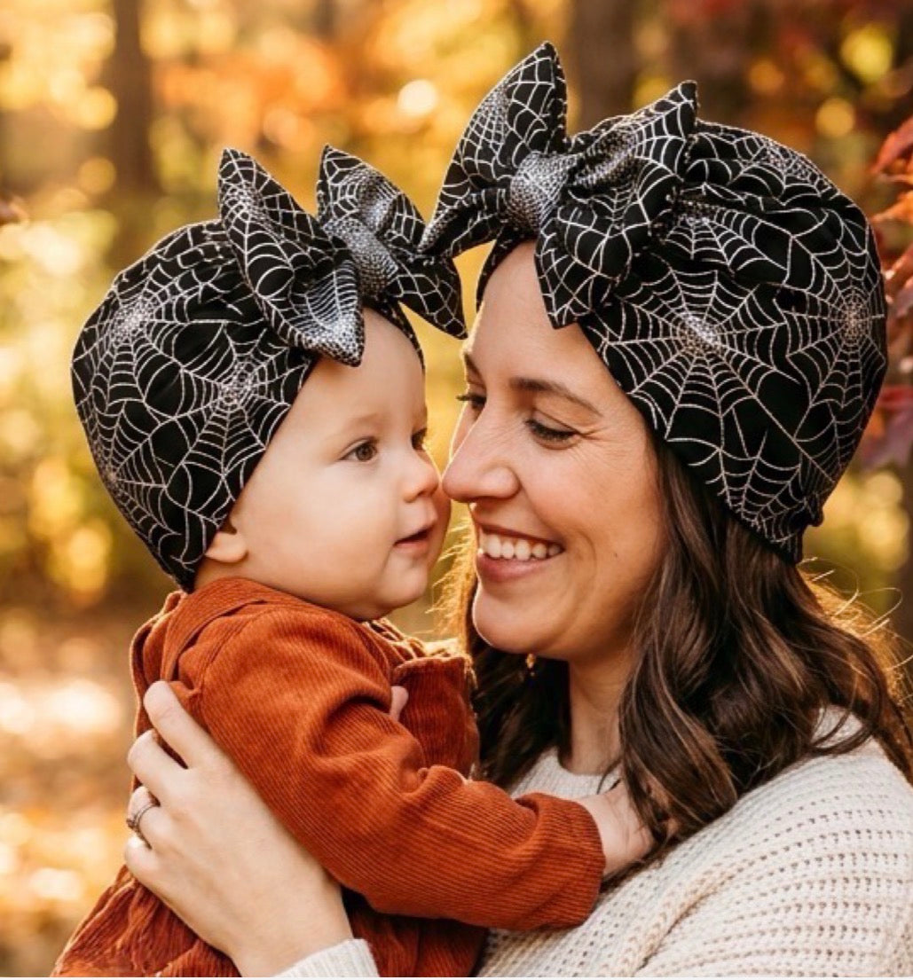 Spooky spiders handmade turban I Halloween baby and toddler turban I Halloween spiderweb turban