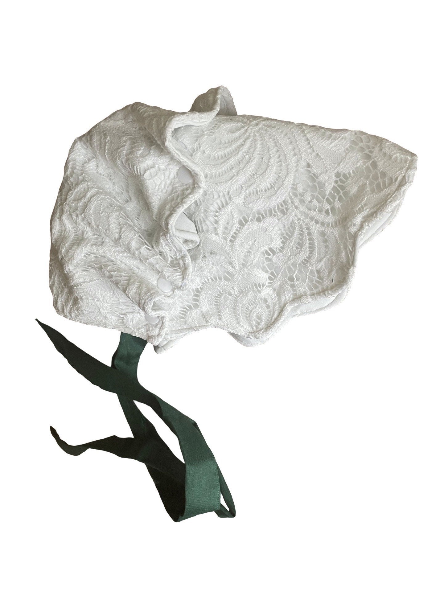 Lace Baby Bonnet Off White with forest green neck ties