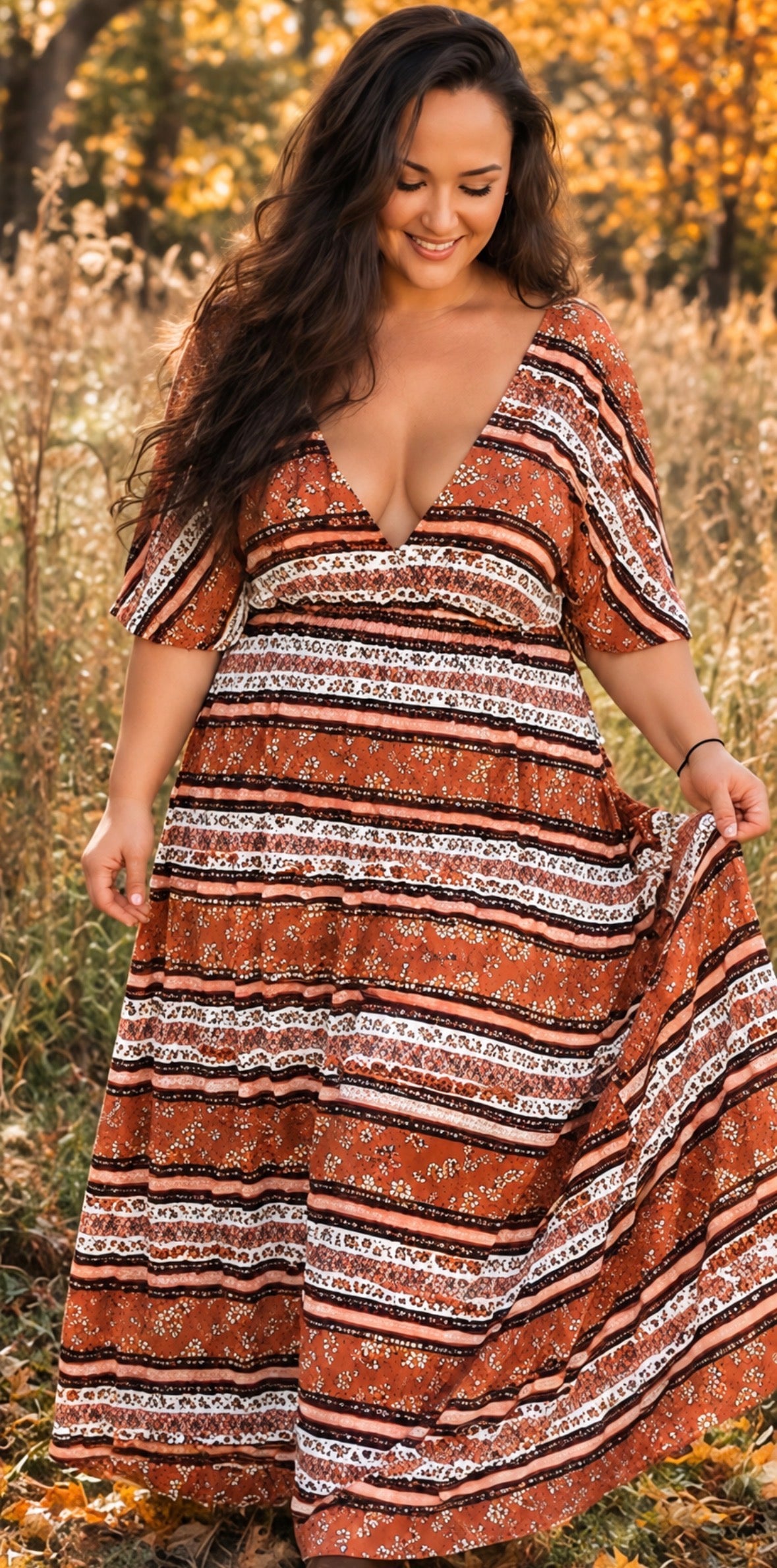 Women’s Batwing Sleeve Boho Maxi Dress | Lightweight Cotton Jersey Blend | Rust V-Neck Dress with sunflowers