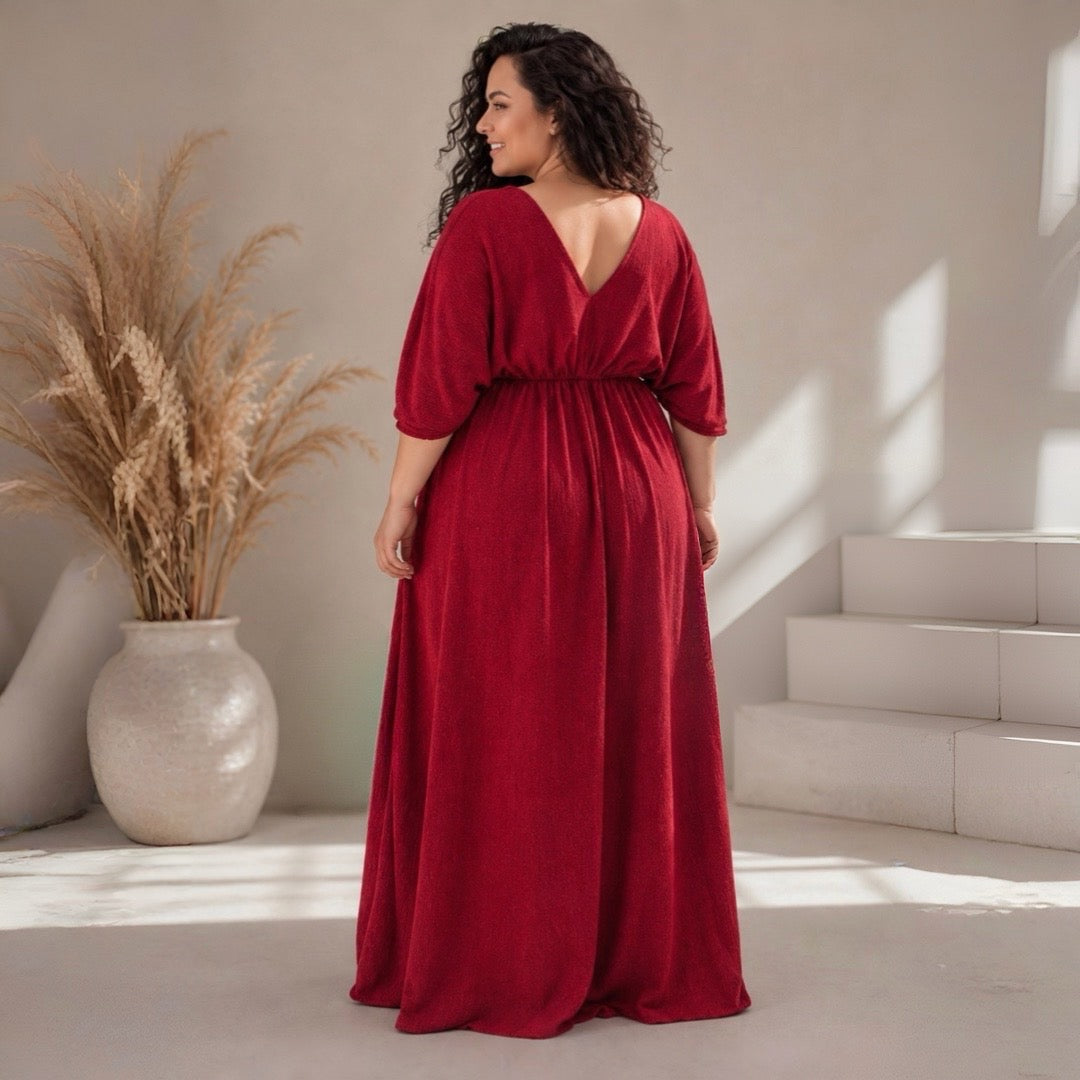 Empire Waist Dress | v neck goddess Dress in Red | crinkle knit | Ankle length flowing dress | boho summer valentine dress
