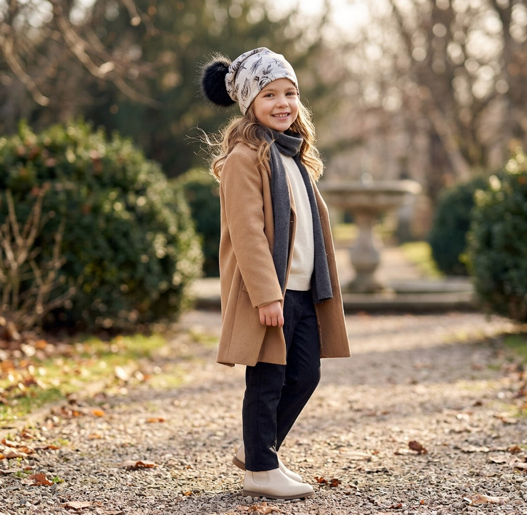 Floral Pom Pom Baby Hat – Soft Slouchy Beanie with Black Fur Pom, Toddler Girl Winter Hat