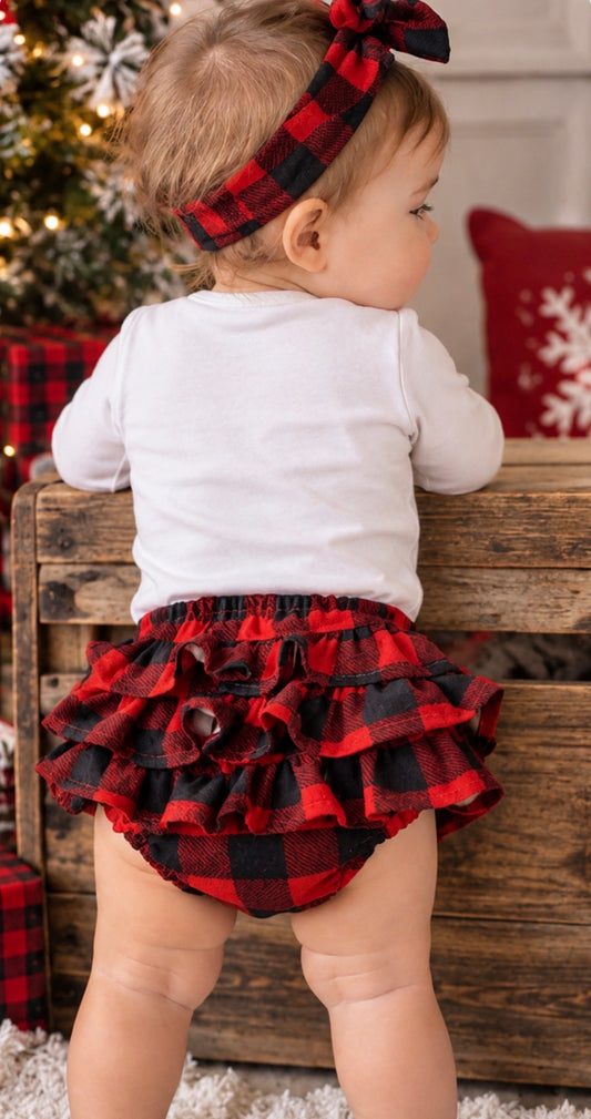 Baby Girl Buffalo Plaid Ruffle Bloomer & Bow Headband Set – Red & Black