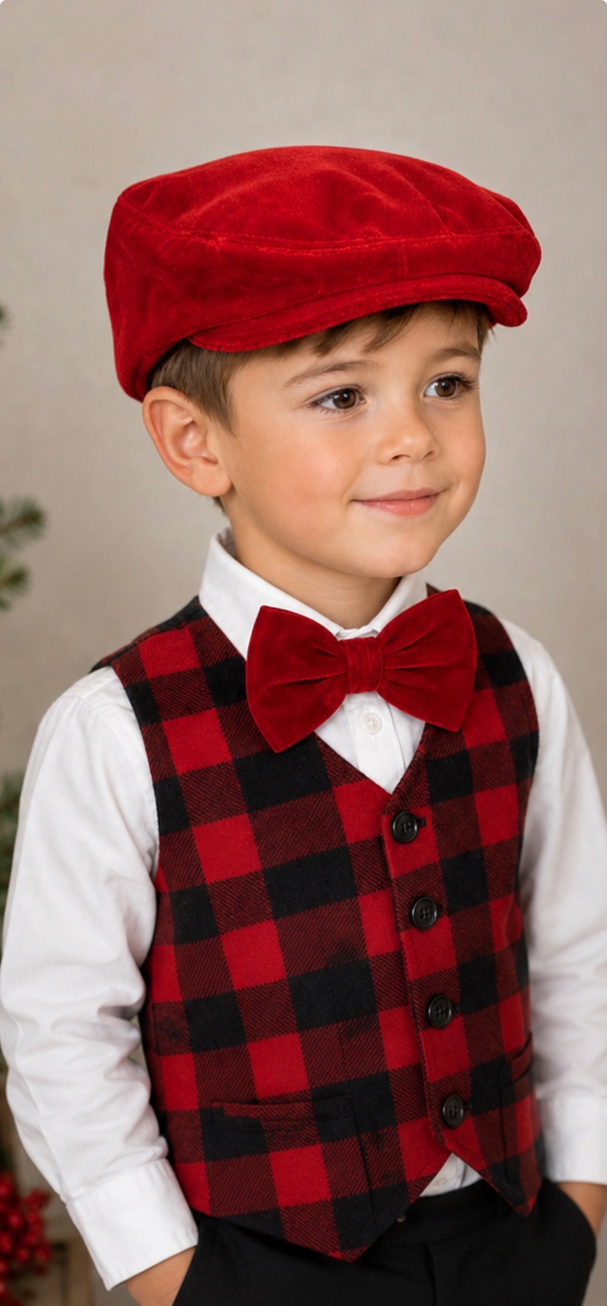Red Christmas Velvet Flat Cap and bow tie set