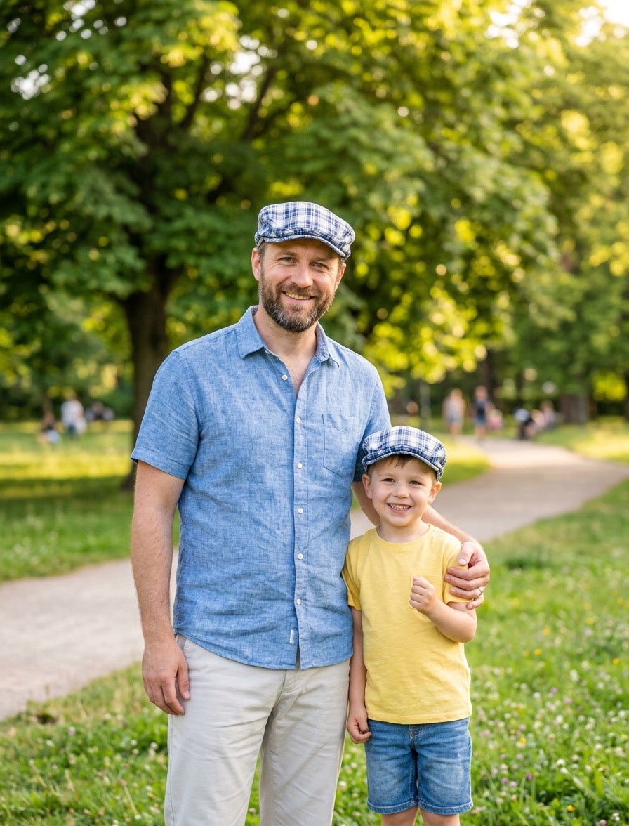 Classic Blue Plaid Flat Cap for Men and Boys, Lightweight Summer Father Son Hat