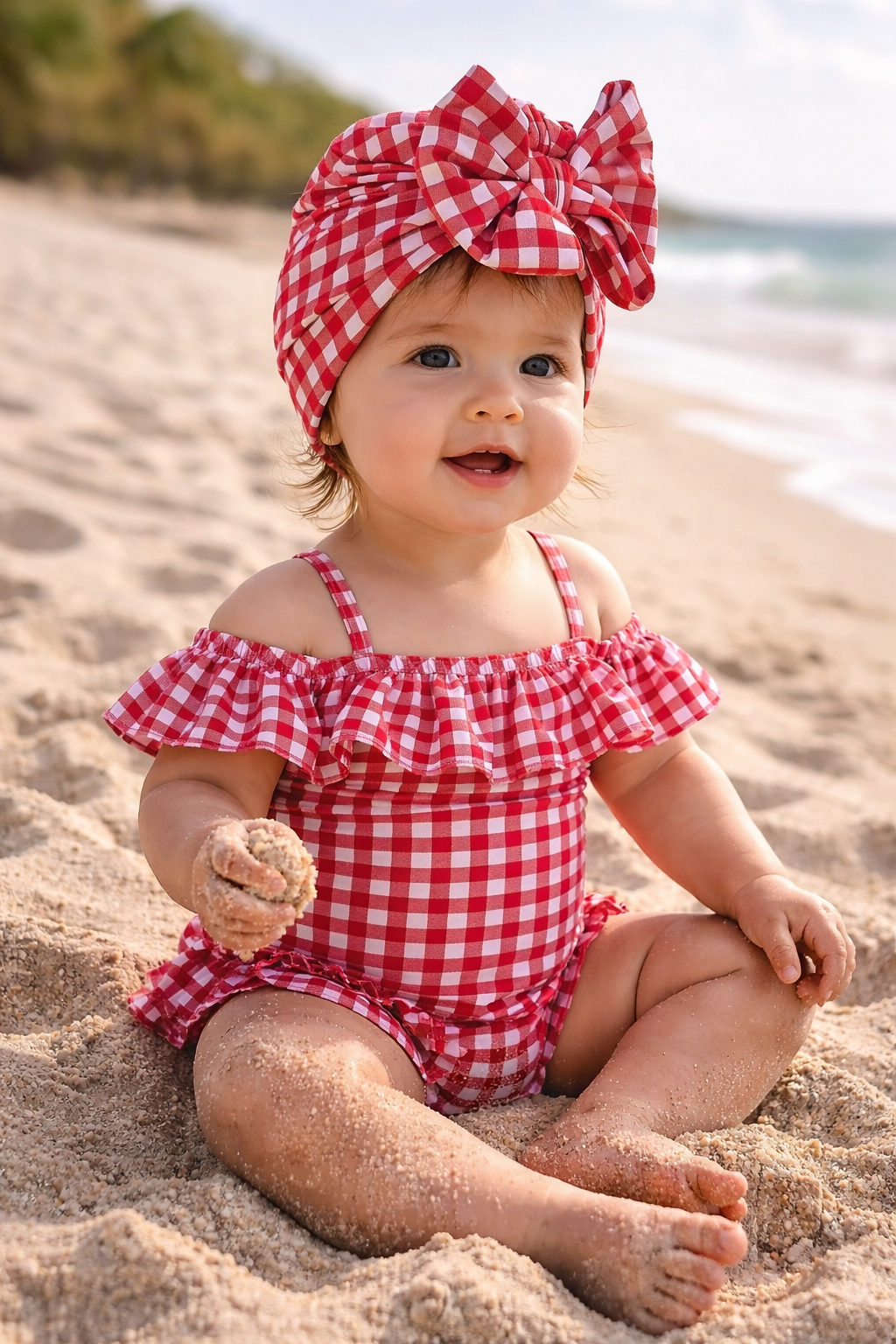 red plaid Baby and adult Swim Turban Hat