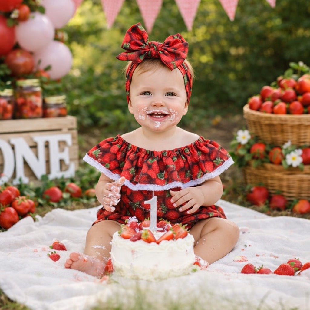 Strawberry Summer romper with bow wrap