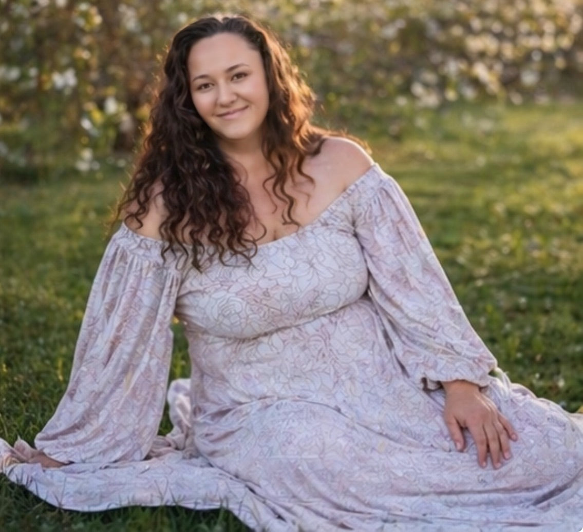 Off-Shoulder Romantic Maxi Dress – Handmade Flowing Sleeve Gown