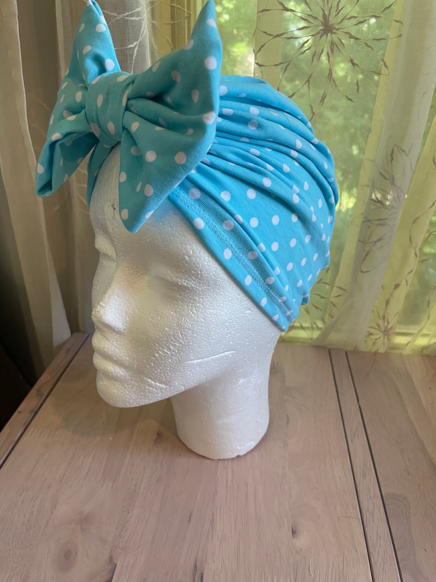 Boho Blue Polka Dot Turban Hat