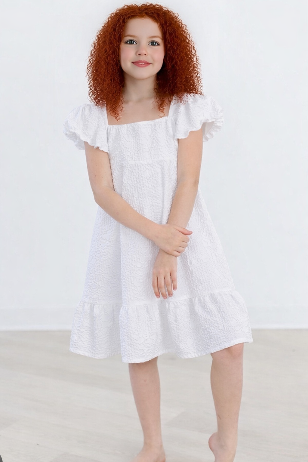 Bohemian puff sleeve embroidered white flower girl dress
