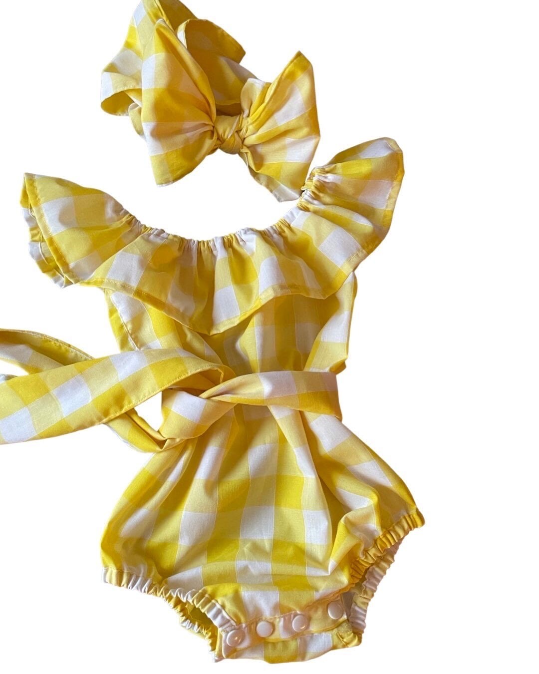 Yellow plaid Summer romper with bow wrap| Baby romper | Toddler romper | Baby overalls | Baby gift