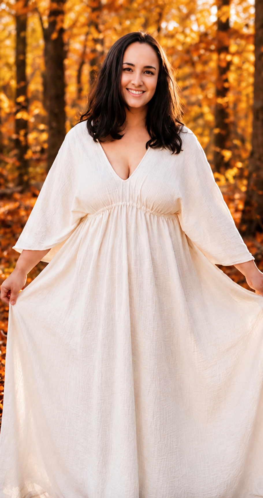 Empire Waist Dress | v neck goddess Dress in Ivory | crinkle knit | Ankle length flowing dress | boho summer fall dress