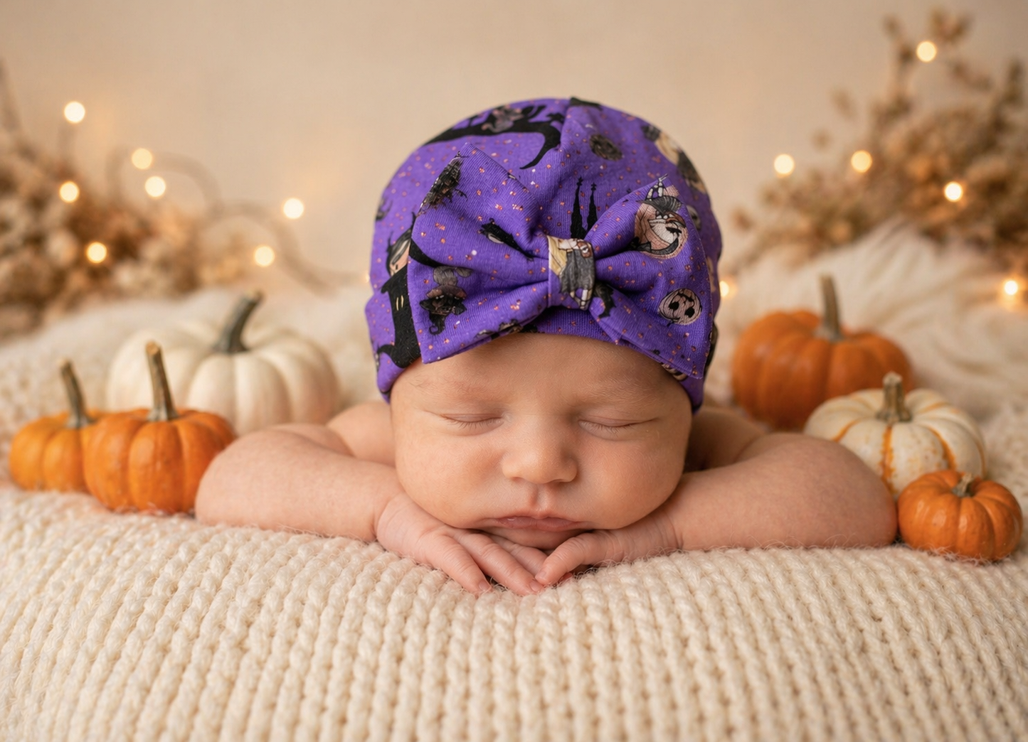 Purple Halloween Baby Turban Hat – Newborn Girl Headwrap with Bow, Spooky Bat & Witch Print, my first Halloween