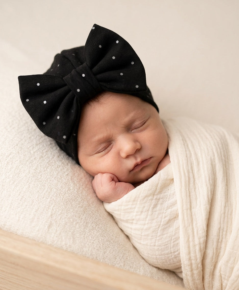 Black Bow Newborn Hospital Hat – Baby Girl Headwrap, Soft Newborn Hat, Baby Shower Gift