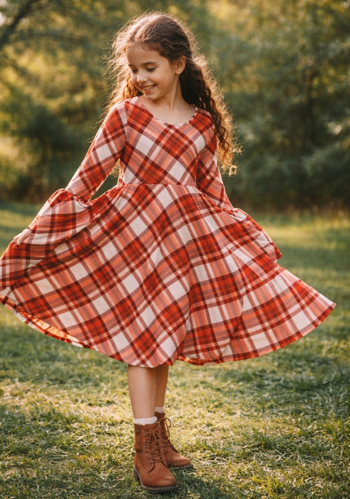 Girls Burnt Orange and Boho Floral Twirl Dress, Fall Family Photos Dress For Girls, Modern Twirly Dress, Unique Girls Dresses, Toddler Dress