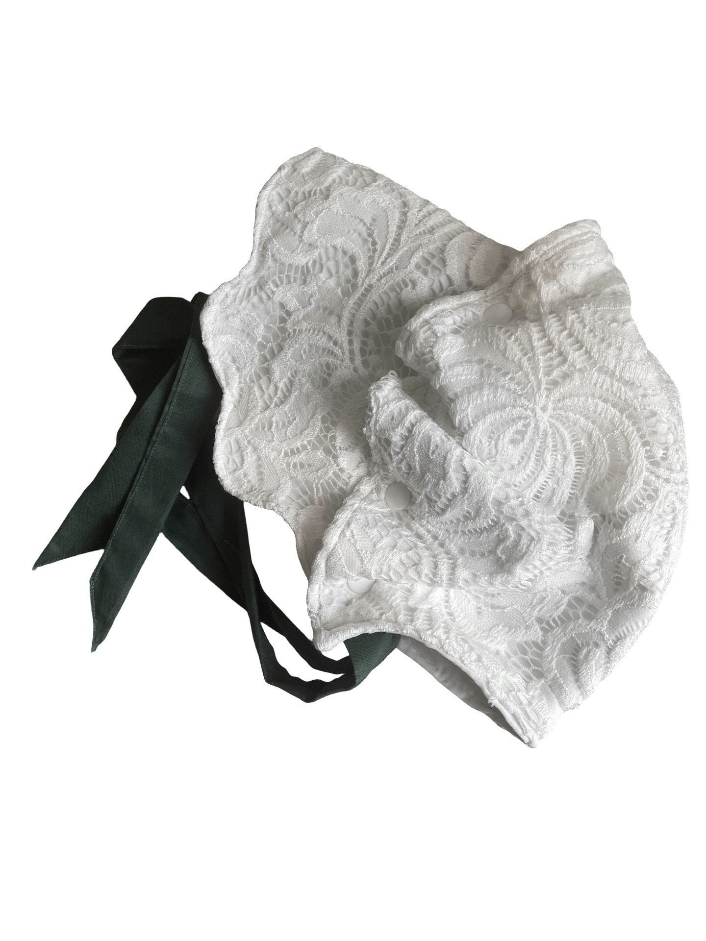 Lace Baby Bonnet Off White with forest green neck ties