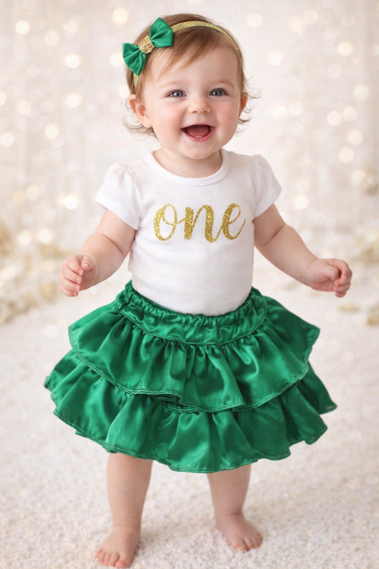 Lucky one ruffle satin girl skirt with matching green and gold headband