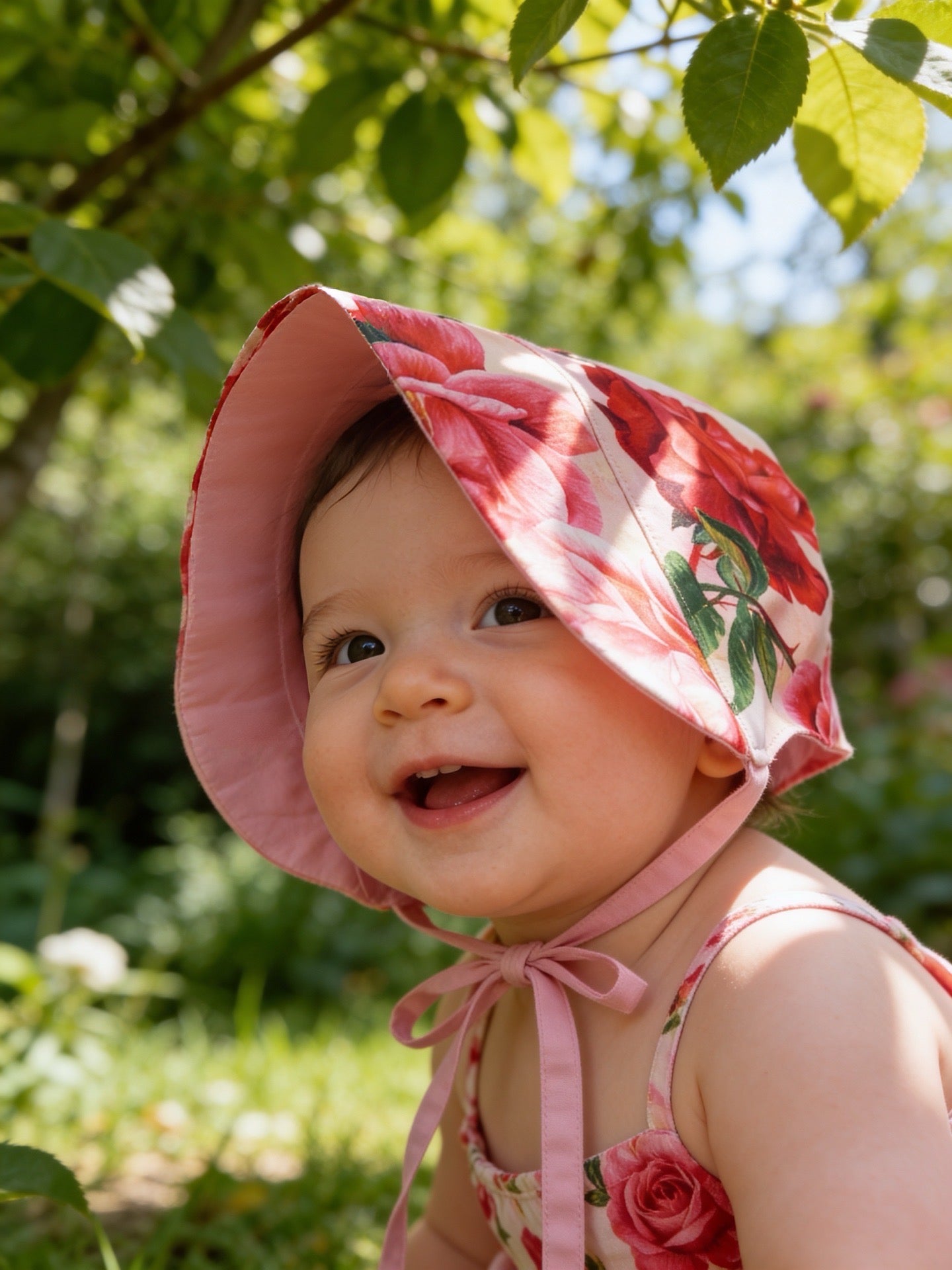 Reversible Pink watercolour flower satin bonnet