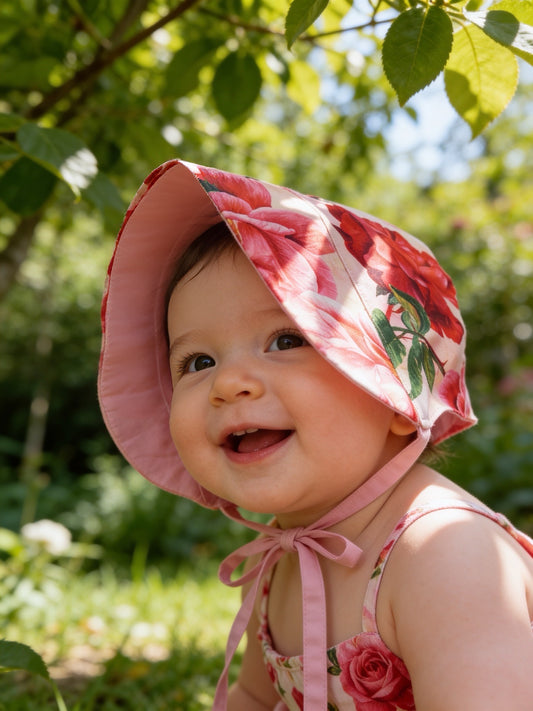 Reversible Pink watercolour flower satin bonnet