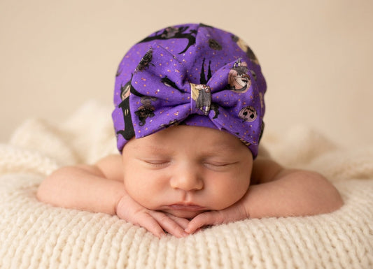 Purple Halloween Baby Turban Hat – Newborn Girl Headwrap with Bow, Spooky Bat & Witch Print, my first Halloween