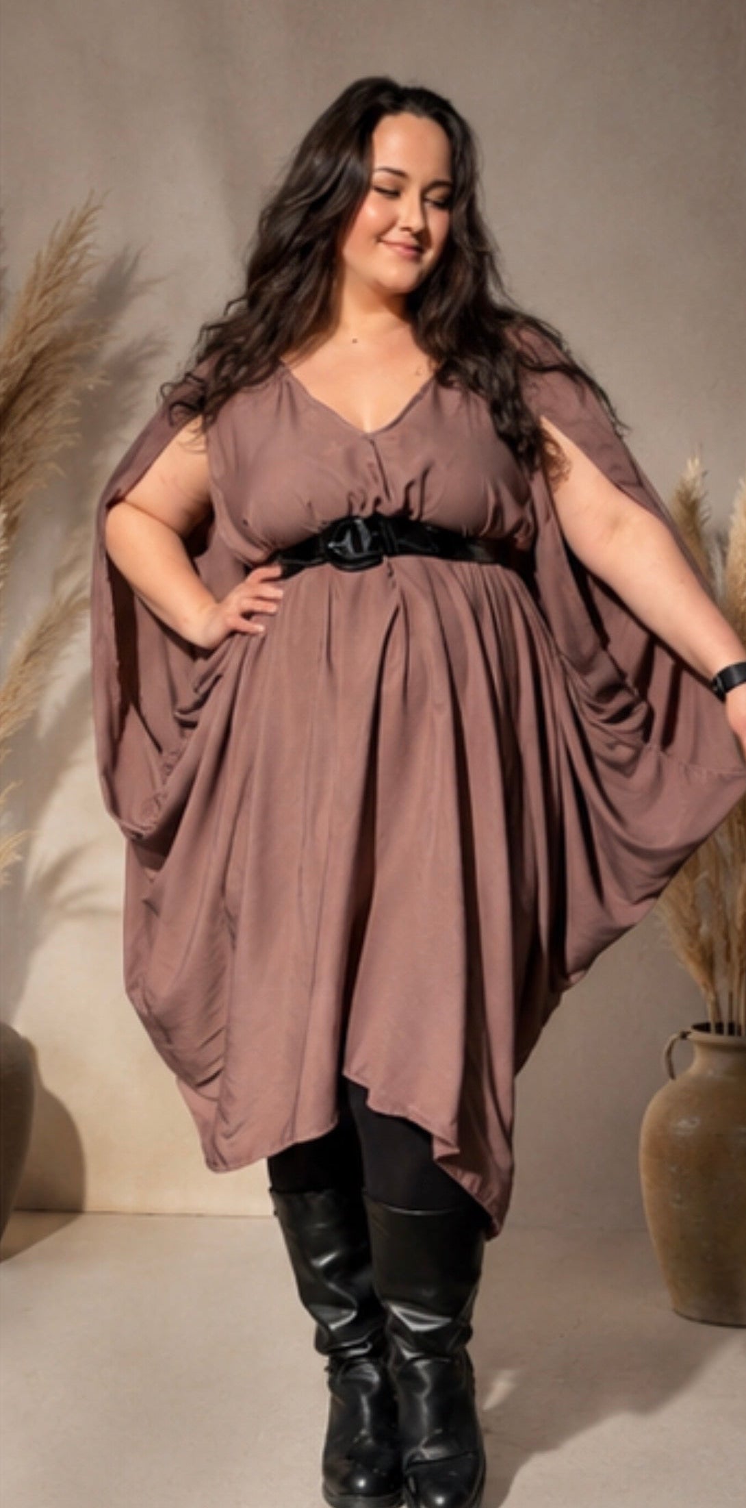 Handmade dusty rose chiton dress featuring flowing draped sleeves, empire waist styling, and a timeless Grecian silhouette. Elegant, comfortable, and beautifully feminine.