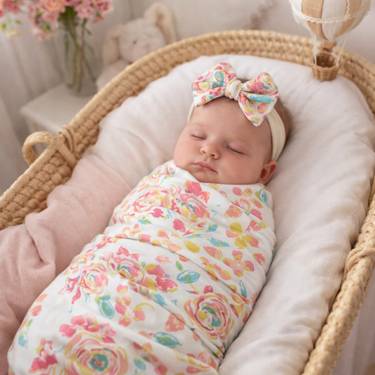 Spring Floral baby swaddle blanket with bow headband