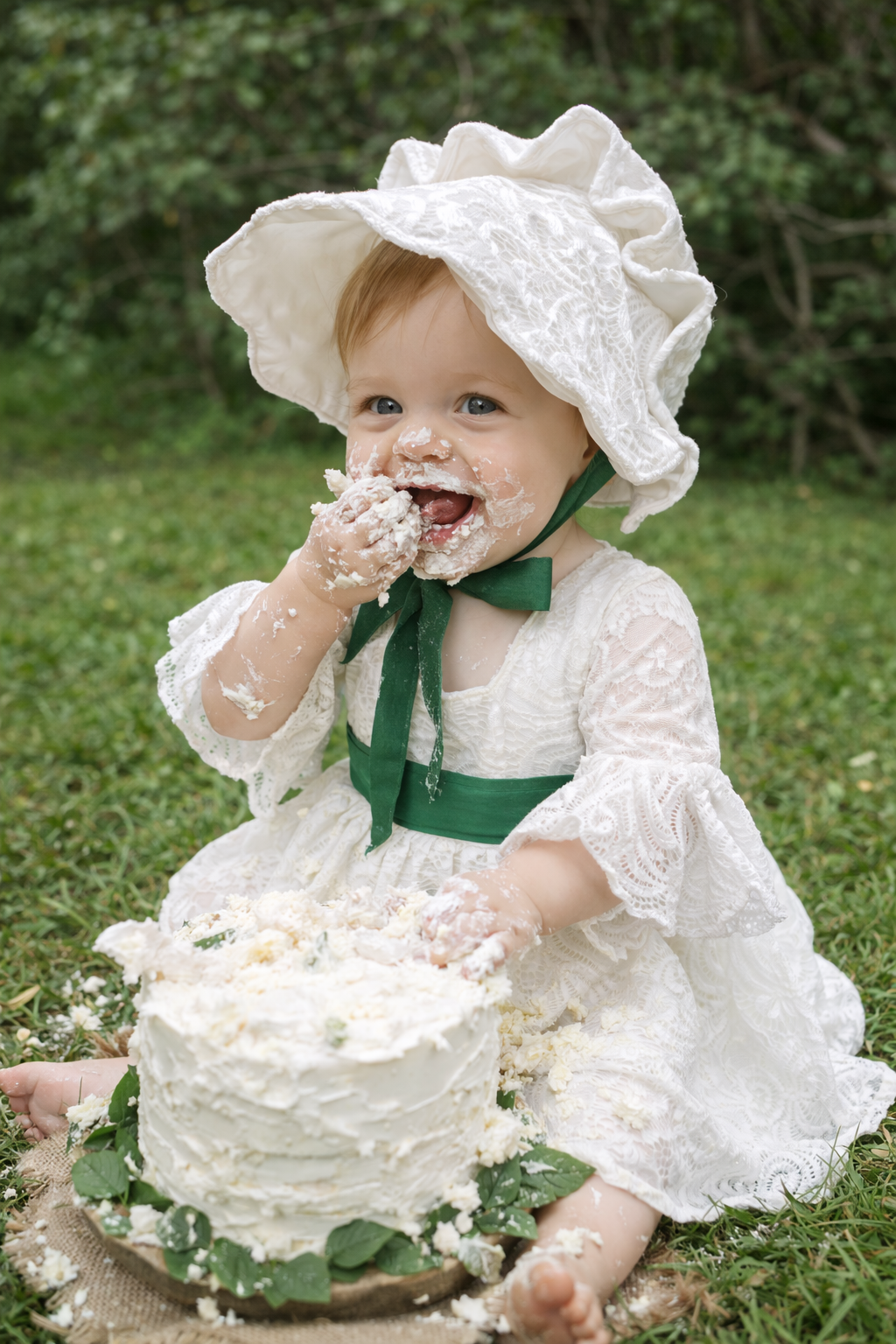 Lace Baby Bonnet Off White with forest green neck ties