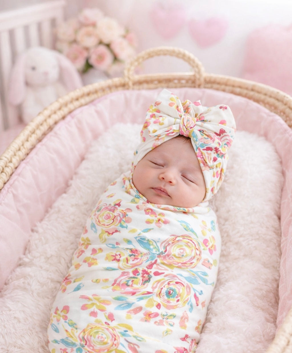 Spring flower Newborn Swaddle Set with Matching Turban Hat