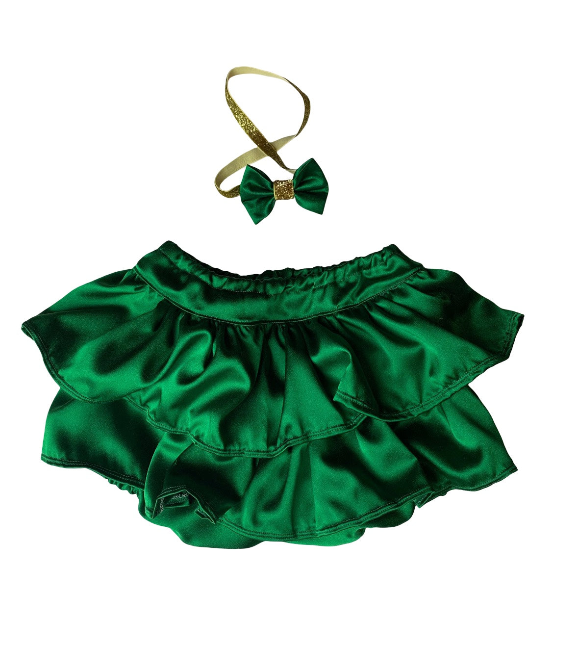 Lucky one ruffle satin girl skirt with matching green and gold headband