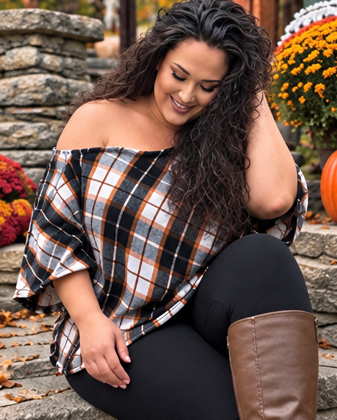 Women’s Plaid Off Shoulder Batwing Top | Oversized Fall Poncho Blouse