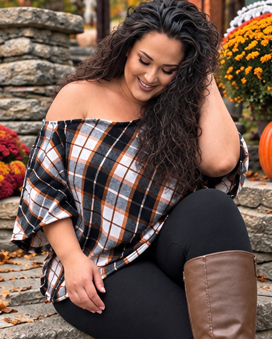 Women’s Plaid Off Shoulder Batwing Top | Oversized Fall Poncho Blouse