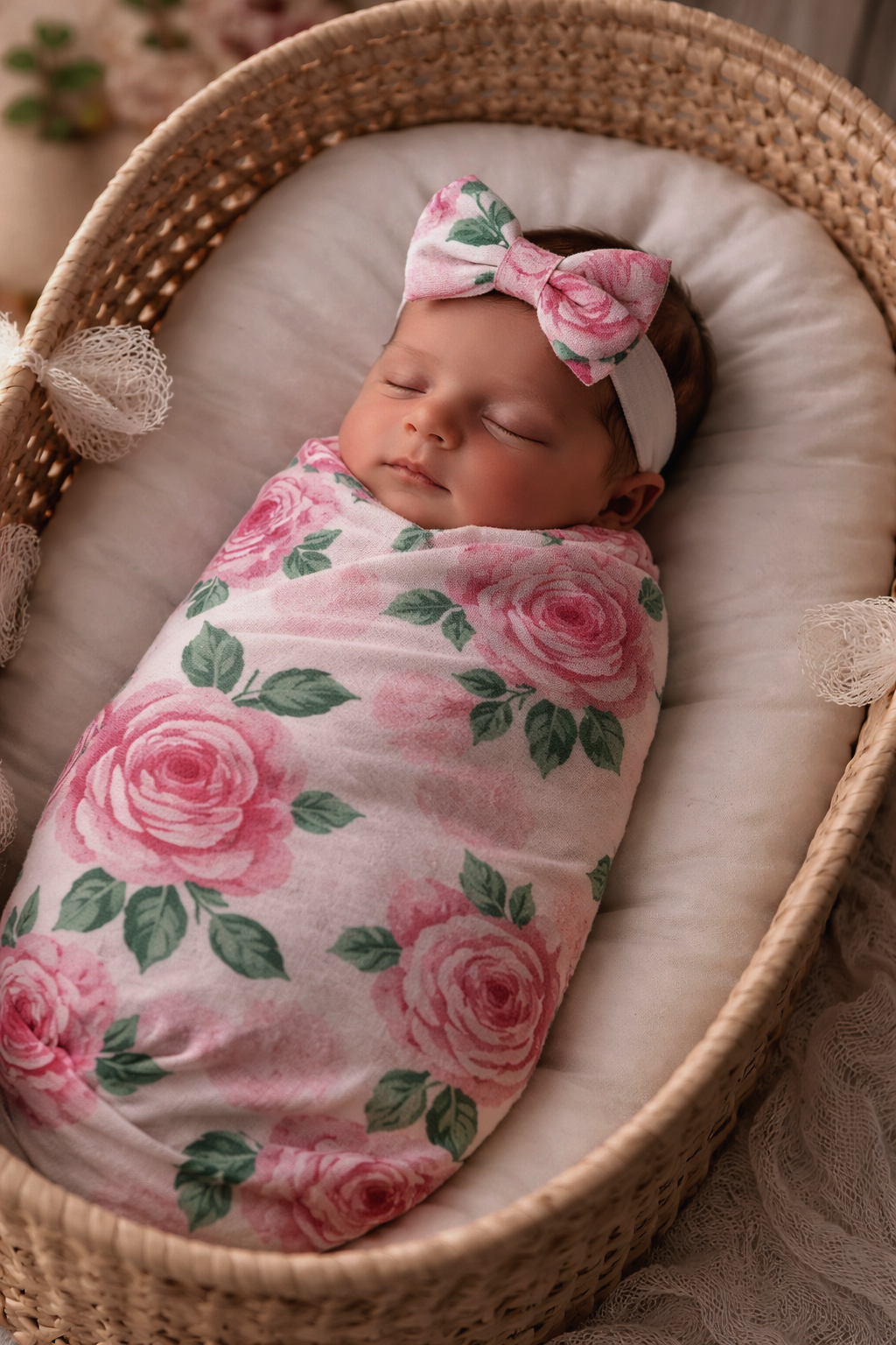 ROSE FLOWER BABY MUSLIN SWADDLE and BOW