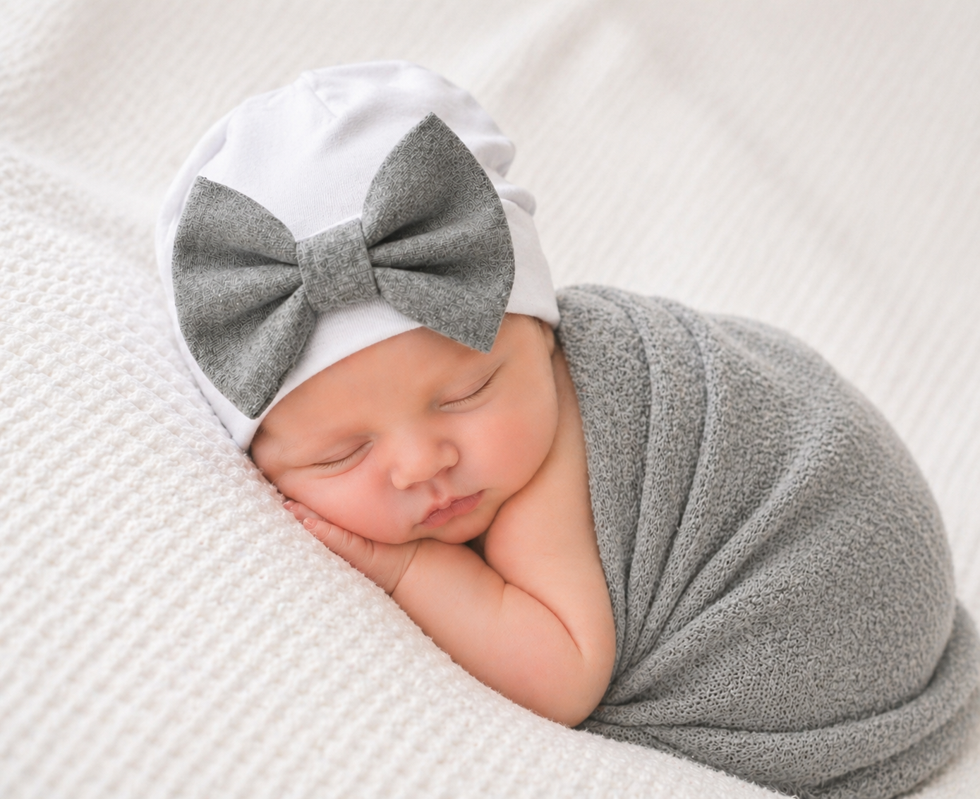 Newborn Baby Girl Bow Hat – White Beanie with Grey Bow