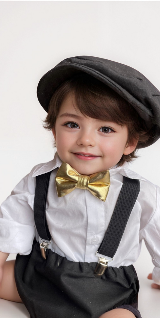 First birthday black and gold cake smash outfit with flat cap and gold bow tie