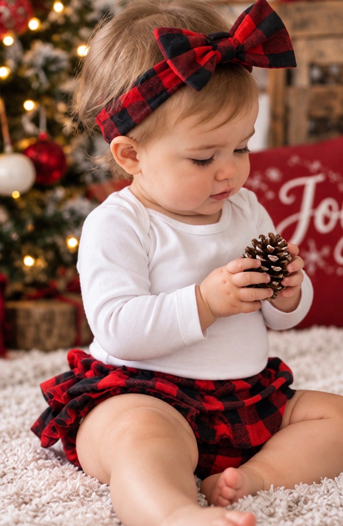 Baby Girl Buffalo Plaid Ruffle Bloomer & Bow Headband Set – Red & Black